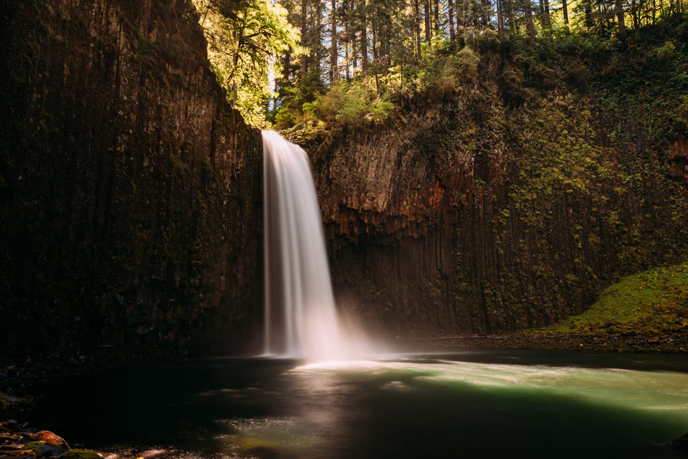 beautiful long waterfall amoung tall trees